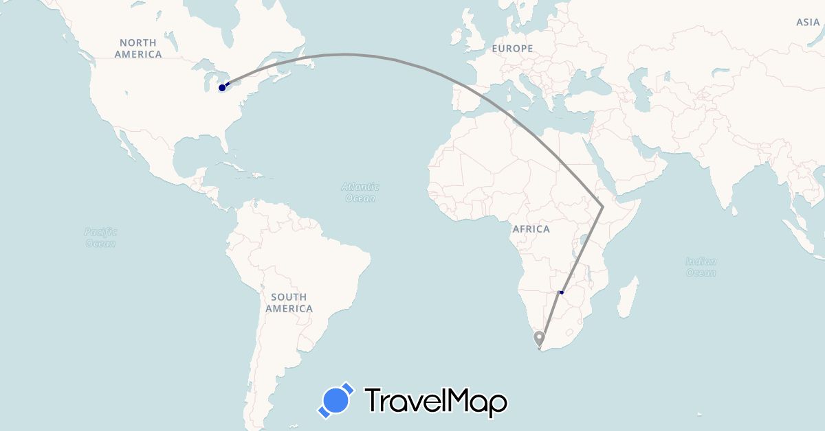 TravelMap itinerary: driving, plane in Botswana, Canada, Ethiopia, South Africa, Zimbabwe (Africa, North America)